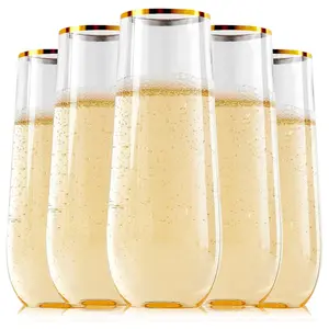 แก้วแชมเปญพลาสติกพร้อมขอบสีทองแบบใช้แล้วทิ้งสำหรับงานปาร์ตี้ขนาด9ออนซ์