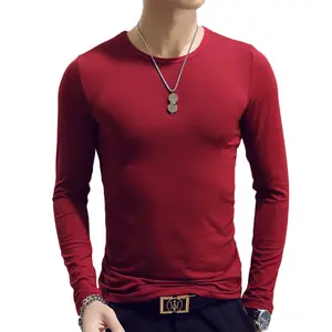 卸売新しいVネック長袖メンズTシャツ赤いロゴカスタム無地空白メンズ固体格安プロモーションメンズTシャツv