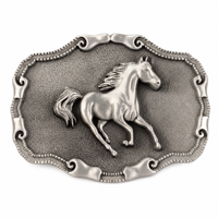 Boucle de ceinture rectangulaire en émail noir avec motif cheval bronze antique et cadre perlé