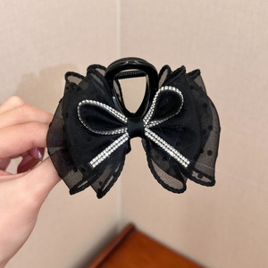 Mesh <b>bow</b> hair <b>clip</b>, polka dot black, high-end women's new half-up hair <b>clip</b>, elegant chain shark <b>clip</b> - Product Image 2