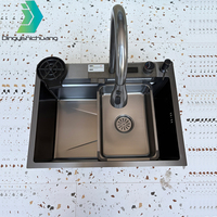 Évier de cuisine multifonctionnel en acier inoxydable intelligent de luxe moderne avec affichage LED et cascade, fabriqué par le fabricant