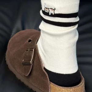 Mid Calf <b>Socks</b> Women Cotton Animal Pattern Breathable Sweat Absorbing Odor Resistant <b>Black</b> White Striped Sleepy Cat Design - Product Image 1