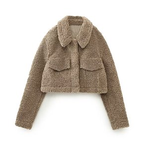 Veste en fausse fourrure Teddy marron pour femme, col rabattu, poche plaquée, manteau court d'hiver - Product Image 1