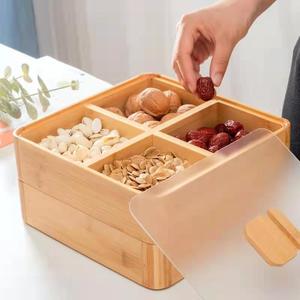 <b>Bamboo</b> Lidded Nut Tray 4 Compartment Square Food <b>Container</b> With Acrylic Lid For Snack Storage - Product Image 3