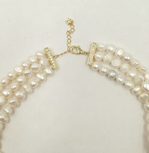 Natuur Natuur Zoetwaterparel En 3 Lijnen Choker Ketting, Messing Echte 18K Gold Plating Sluiting 13 Inch-16 Inch - Product Image 4