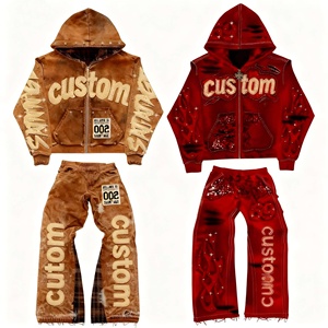 Ensemble de survêtement streetwear vintage personnalisé pour homme, effet délavé à l'acide, avec sweat à capuche zippé à strass et sweat à capuche effet soleil délavé, appliqué - Product Image 1