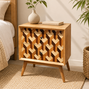 Table de chevet en bois massif Mozaik à deux tiroirs - Meuble de chambre pratique et décoratif pour appartement - Product Image 1