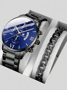 Montre à Quartz Cadran <span class=keywords><strong>Rome</strong></span> pour Hommes, Date Or, 2 Pièces, Montres de Luxe en Acier Inoxydable et Bracelet - Product Image 3