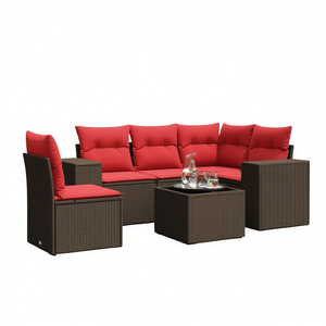 Set di divani da giardino in polyrattan marrone da 6 pezzi con cuscini, mobili da esterno dal design contemporaneo - Product Image 1