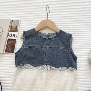 Completo Estivo per Bambine Nuovo Stile 2026 in Cotone Poliestere con Pizzo e Rete, Gilet in Denim e <span class=keywords><strong>Pantaloncini</strong></span>, Set Due Pezzi alla Moda - Product Image 2