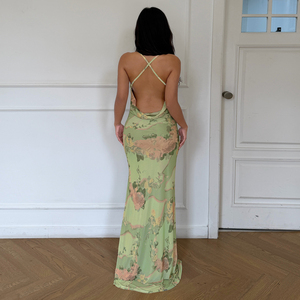 Green Floral Print Pleated Neckline Spaghetti Strap Maxi Dress Summer Beach Vacation Bohemia Elegant Backless <b>Long</b> <b>Slip</b> Dress - Product Image 5
