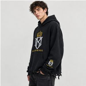 Custom Blank Vintage Distressed <b>Pullover</b> <b>Mens</b> Disstressed Embroidered 400gsm Ripped Hoodie - Product Image 2