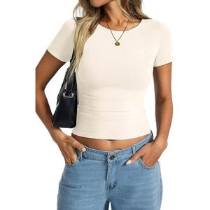 Camiseta de Verano para Mujer al por Mayor, Personalizada, Ajustada, de Algodón, Cuello Redondo, Estampado de Arcoíris, Tela de Lona, Estilo Casual, Camiseta de Nailon para Mujer - Product Image 6