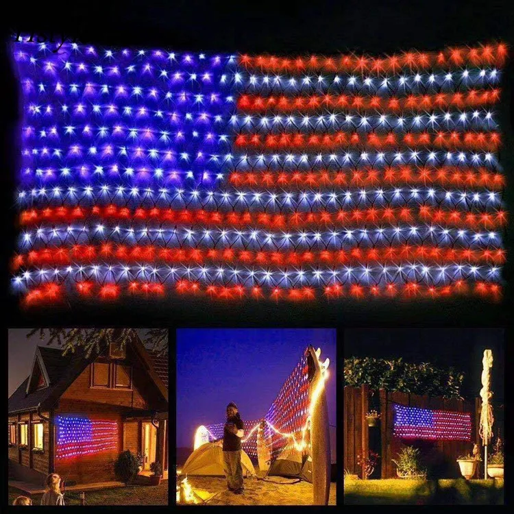 Lumières du drapeau américain 420 LED lumineuses Drapeaux américains pour décorations du 4 juillet Memorial Day Independence Day Garden Yard HS1379