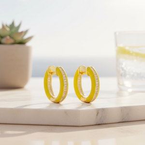 Pendientes de aro de piedra de circón de esmalte amarillo, venta al por mayor turca, joyería de plata de ley 925 hecha a mano fina - Product Image 3