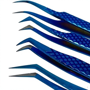 Blue Plasma Coated Color Eyelash Tweezer With Fiber Tip Different Point / Grip Design Stainless Steel Eyelash Extension tweezer - Product Image 5