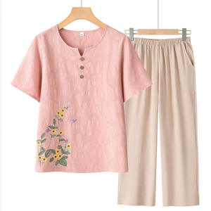 Traje <span class=keywords><strong>de</strong></span> <span class=keywords><strong>Verano</strong></span> <span class=keywords><strong>de</strong></span> Manga Corta para Mamá, Conjunto <span class=keywords><strong>de</strong></span> Dos Piezas con Textura y Bordado para <span class=keywords><strong>Abuela</strong></span>, Ropa Casual <span class=keywords><strong>de</strong></span> Talla Grande para Personas Mayores - Product Image 3