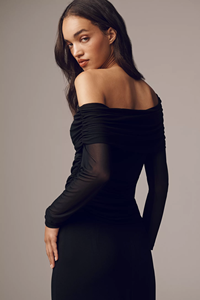 Clothing Manufacturer <strong>Off</strong> <strong>Shoulder</strong> Long Sleeves Draped Mesh Slim Fit <strong>Black</strong> Women's Blouse <strong>Tops</strong> Shirt - Product Image 3