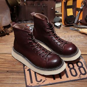 Bottes d'hiver pour hommes 2025 - Bottes de travail décontractées montantes en cuir véritable, antidérapantes, résistantes à l'usure, à semelle épaisse, style vintage américain - Product Image 4