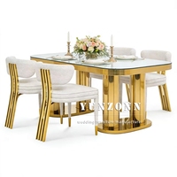 Table rectangulaire de banquet en acier inoxydable avec plateau en verre miroir, dorée, pour mariages, événements, hôtels, meubles de salle à manger
