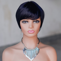 Perruque complète courte en cheveux humains, fabriquée à la machine, sans couleur, coupe pixie, noir naturel, cheveux brésiliens 100% vierges, 6 pouces