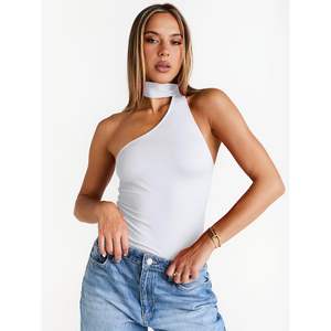 2025 Trendy Womens <b>Crop</b> <b>Top</b> Queen Size Cute One Shoulder Halter Skinny Fit Sexy Tie Shirts for Summer Outings Pattern Decorated - Product Image 4