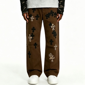 SOONREE <span class=keywords><strong>Jeans</strong></span> <span class=keywords><strong>Homme</strong></span> Vintage Marron avec Patch Croisé, Pantalon en Denim Y2K Grunge Streetwear, Logo Personnalisé, Fabrication OEM/ODM, Délavé, Hiver - Product Image 3