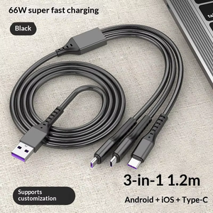 Câble de données <span class=keywords><strong>USB</strong></span> <span class=keywords><strong>3</strong></span>-en-1 à charge rapide pour téléphones mobiles, connecteurs Micro <span class=keywords><strong>USB</strong></span> et <span class=keywords><strong>USB</strong></span>-A, conception magnétique, gaine tressée en filet de pêche - Product Image 4