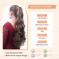 Perruque synthétique en fibre haute température de 50 cm, longue et bouclée, avec pince à cheveux, pour femmes (UE/US), queue de cheval haute, ondulée et volumineuse
