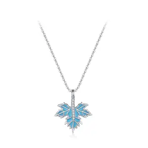 Light luxury fine jewelry leaf clavicle chain 925 sterling silver blue enamel maple leaf pendant necklace