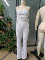 Ensemble deux pièces Y2K sexy pour femme : crop top d'été et pantalon taille haute à jambes larges avec détail dos nu à lacets et rayures verticales