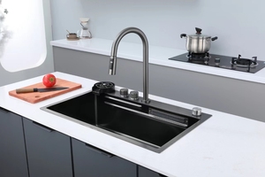 Nieuwe Stijl Waterval Ttg 304 Roestvrijstalen Gootstenen Multifunctionele Zwarte Gootsteen Met Uittrekbare Kraan Gootstenen - Product Image 2