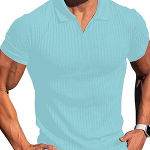 T-shirt de sport pour homme à col en V, manches courtes, fermeture éclair, côtelé, coupe classique, extensible, tricoté, respirant, imprimé - Product Image 3