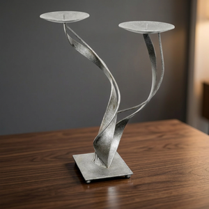 Vintage Twisted Ribbon Handmade Pillar Candle Holder Christmas Mid Century Modern Wrought Iron Brutalist Style Antiqued Silver - Product Image 4