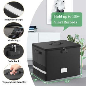 Boîte de rangement rectangulaire en tissu Oxford noir, 13x16,1x13 pouces, avec serrure à code et sacs en filet pour disques vinyles - Product Image 1