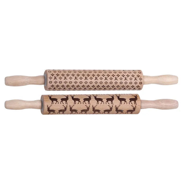 Durable solid wood kitchen roller Christmas wooden embossed rolling pin