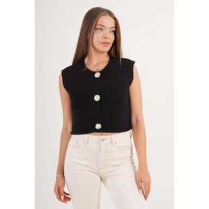 Chaleco Negro de Punto para Mujer, Sin Mangas, con Botones Dorados, Bolsillos Dobles, Prenda Exterior, 100% Acrílico, Tejido de Lana - Product Image 3