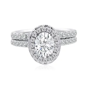 Set Cincin Berlian Moissanite Pernikahan Wanita, Set Cincin Emas 18K Bentuk Oval 2CT