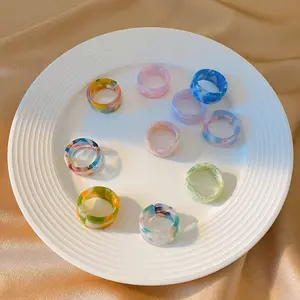 5 개/대 2021 새로운 한국어 빈티지 수지 기하학 다채로운 라운드 반지 여자 간단한 보석 선물