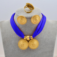 Ensemble de bijoux éthiopiens plaqués cuivre et or, style ethnique érythréen, chaîne en corde Habesha, pendentif, boucles d'oreilles, bague, cadeau de mariage # 217106