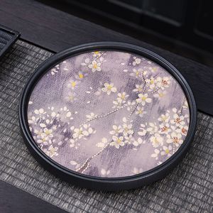 Plateau à thé en céramique de style chinois, rond, noir, avec motif de ginkgo, réutilisable pour service à thé, usage domestique - Product Image 2