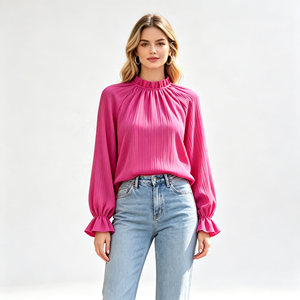 Blusa Plissada Feminina de Manga Longa com Renda e Gola Alta, Caimento Relaxado e Fluido, Camisa Casual Sólida para Primavera e Verão - Product Image 1