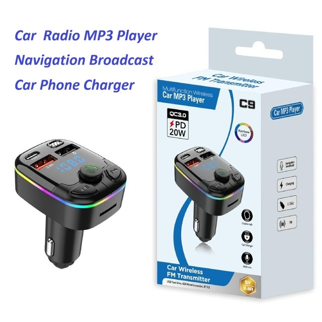 Car BT5.3 FM Transmitter MP3 Player, QC3.0 PD USB-C Fast Charger Handsfree Call Colorful Ambient Light  for 12-24V Vehicles