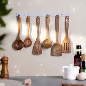 Ensemble de couverts en bois d'acacia/teck Raybin Kitchen 5/6/10 pièces avec design écologique et support à ustensiles personnalisé - Product Image 1