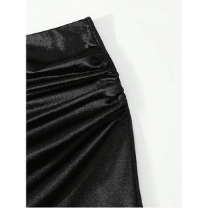 FOXA Women's Satin Mini Skirt High Waist Ruched Lace Trim <b>Asymmetrical</b> Bodycon Party Skirt - Product Image 3