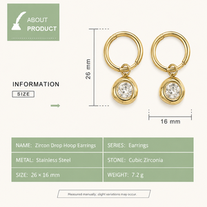 ต่างหูห่วงประดับเพชรคิวบิกเซอร์โคเนียสแตนเลสสตีลชุบทอง 14K ดีไซน์ทรงกลมแบบห้อย สีฟ้า สีชมพู หรือสีใส - Product Image 4