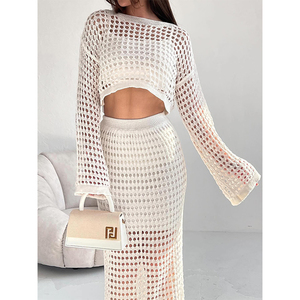 Nouveau design ensemble de printemps tempérament féminin tricoté <span class=keywords><strong>creux</strong></span> demi-<span class=keywords><strong>corps</strong></span> jupe longue décontracté solide transparent ensemble de deux pièces - Product Image 5