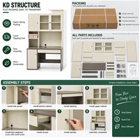 Bureau informatique en métal KD avec meuble à portes vitrées, tiroir, étagère et panneau perforé pour bureau à domicile, chambre et salle d'étude