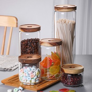 Jar Storage Wholesale Transparent Sealed Glass Candy Jar Glass Cans Tea Cans Snack Storage Tank Japanese Style Acacia Wood Storage Tank