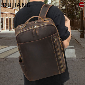 Dujiang Crazy Horse Leather <b>Backpack</b> 20-35L Large Capacity Travel Business <b>Backpack</b> Men's Solid Color <b>Brown</b> - Product Image 1